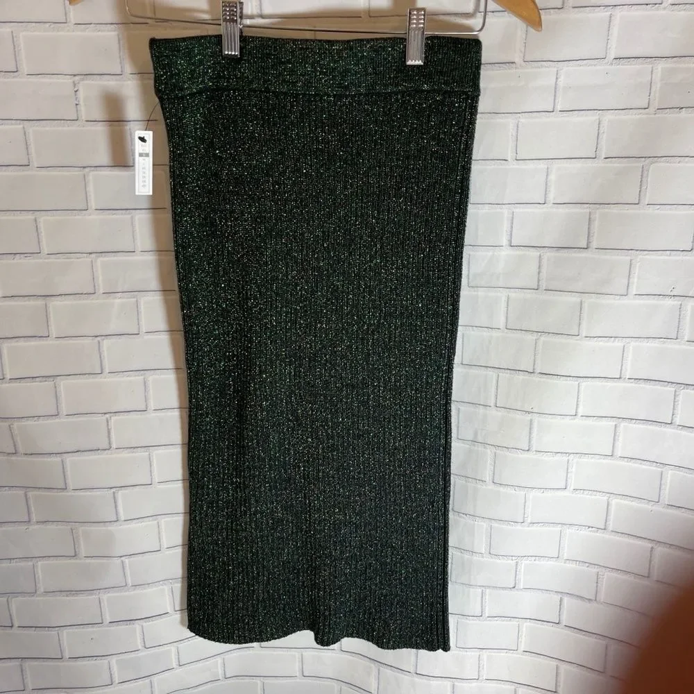 Leith Black Ribbed‎ Metallic Knit Skirt Sz S